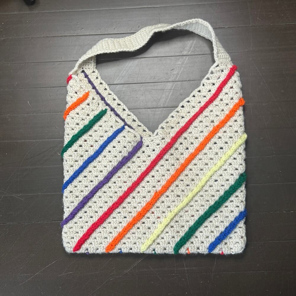 ✨ Handmade Crochet Tote Bag — Cream Rainbow Stripes ✨ One of a Kind